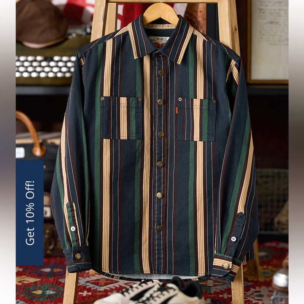 Yarn-Dyed Multi-Stripe Long Sleeve Shirt with Riveted Pocket